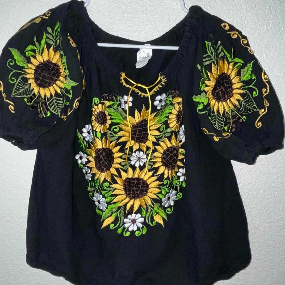 Artelati Embroidered Sunflower Peasant Blouse - Black